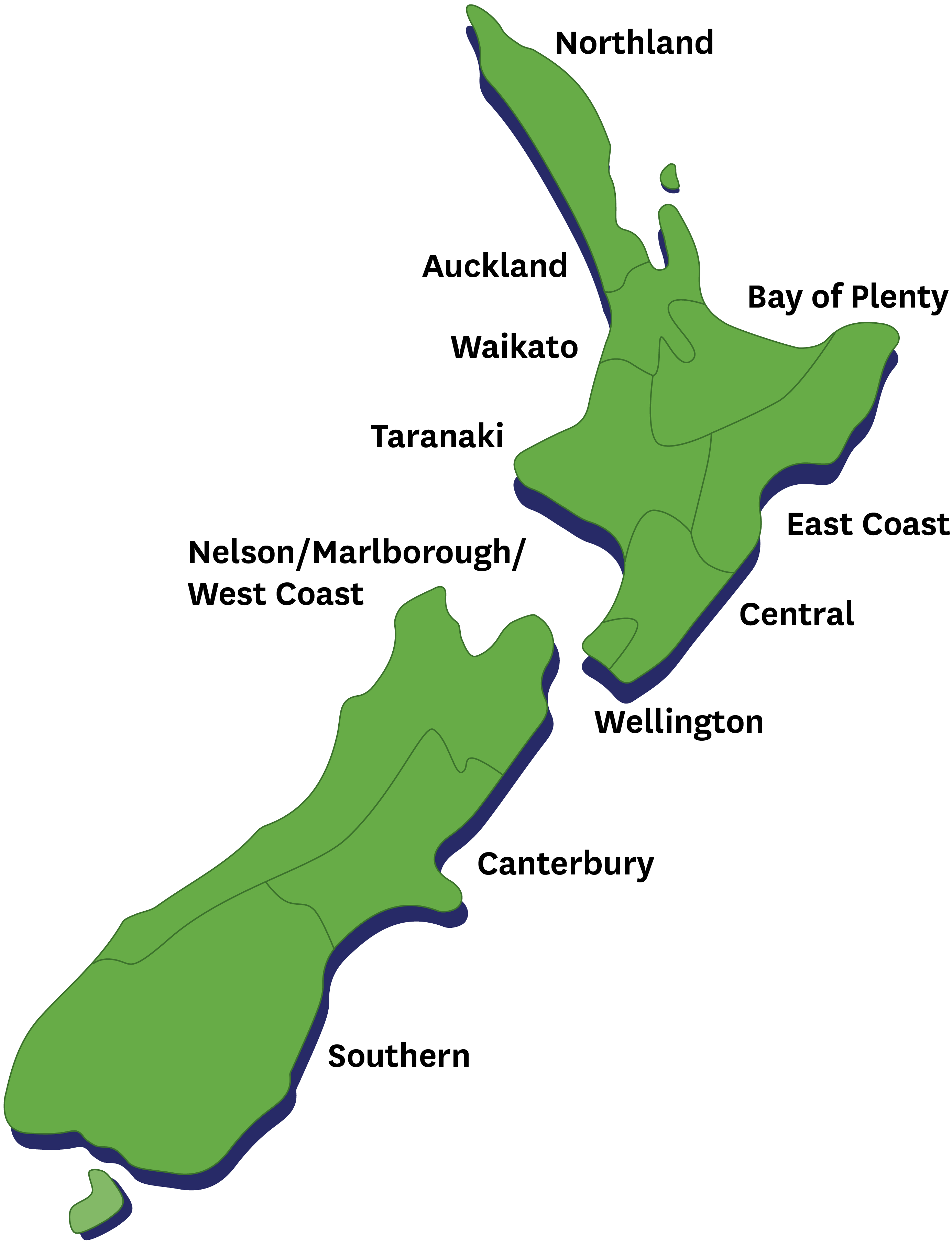 Map of New Zealand with our locations. A text list of our locations folllows.